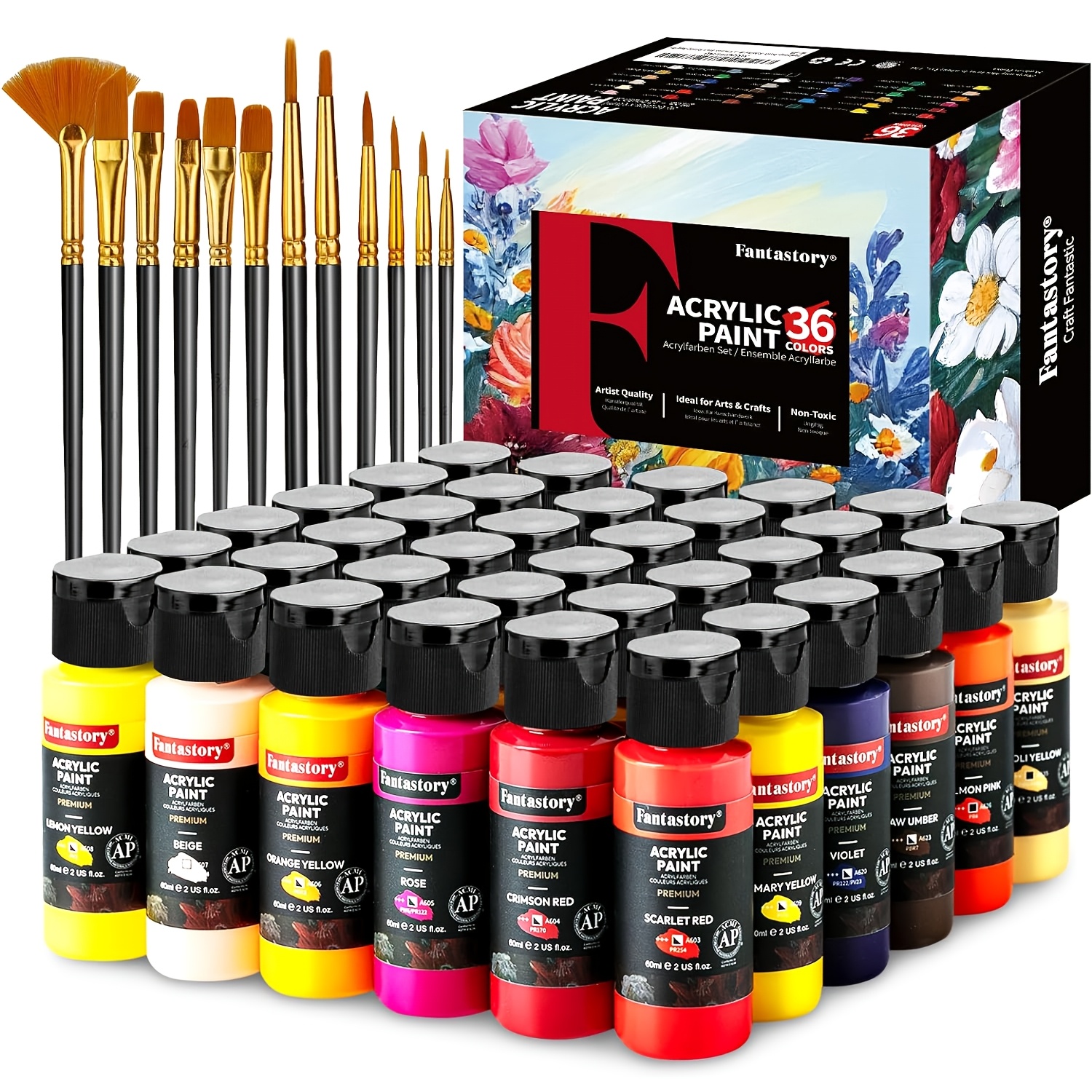 Image of Fantastory Acrylic Paint Set, 60ml X 36 Classic Acrylic Paints, 12 Brushes;, High Lightfastness, Non-toxic; For Canvas, Wood, Ceramic, Models, Fabrics; For Painters And Adults.