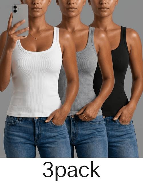 3er-set elegante, lässige gerippte tanktops für damen – ärmellose sommer-tops mit rundhalsausschnitt, einfarbiges, vielseitiges design, für den oder formelle anlässe, aus stretch-stoff, warm, bequemer elastischer stil