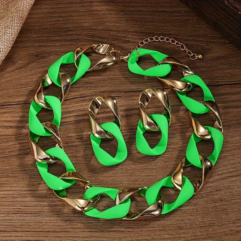 

Chunky Acrylic Necklace & Earrings Set, Green O-link Resin Chain, Sexy Hip Hop Style, Clavicle Statement Jewelry For Women