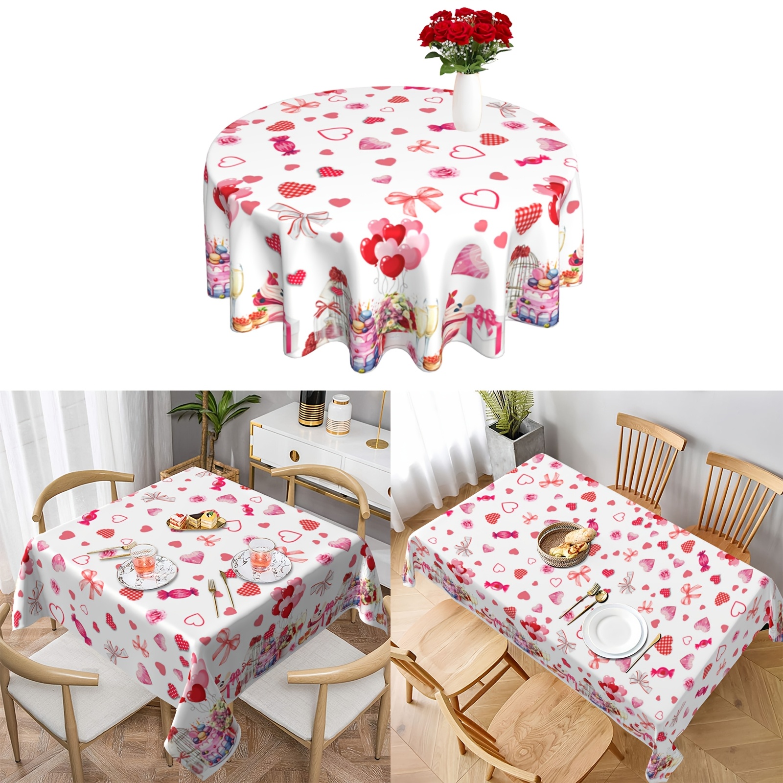 

1pc Valentine's Day Round Tablecloth, 100% Polyester, Hearts Graphic, Machine-woven, Washable, Romantic Table Cover For Wedding, Party, Picnic, Kitchen, Dinner Decor