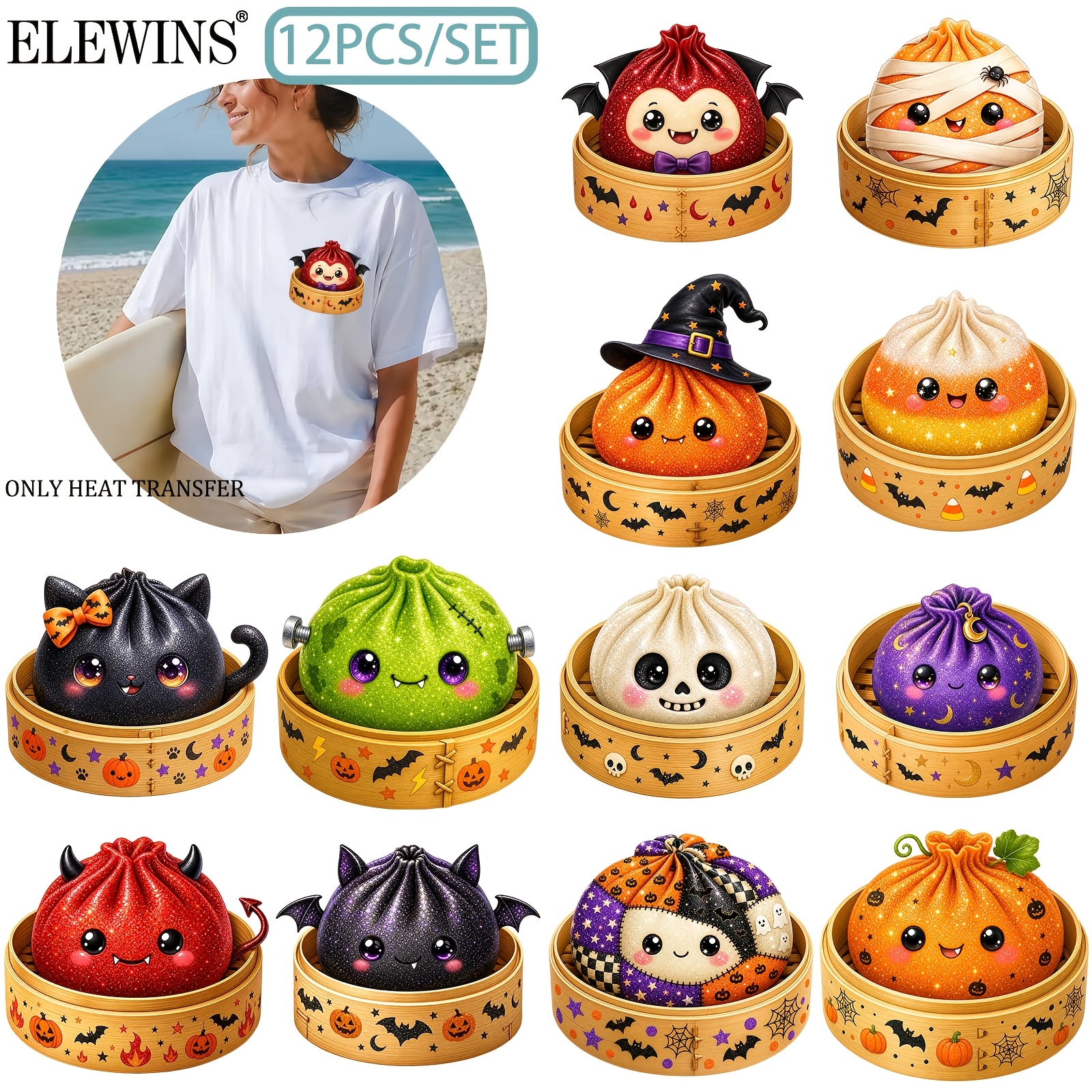 TEMU 12pcs Thermocollants Halloween Rondelle Pailletée, Patchs Mignons pour T-shirts Autocollant de Transfert Thermique pour Vêtements Sac Coussin