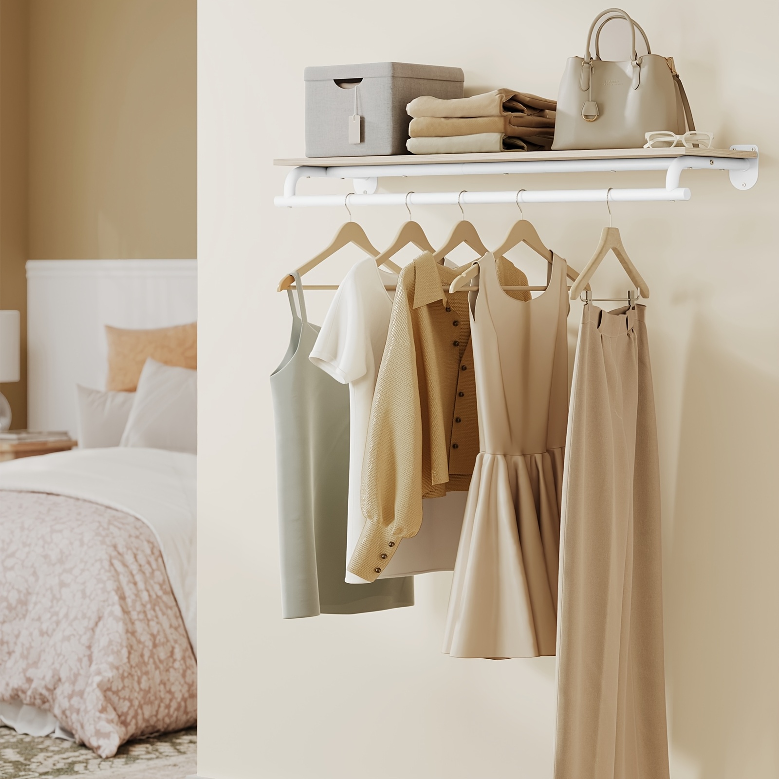 E-shop Wandgarderobe, Kleiderschrank, Wandregal mit Kleiderstange, Gesamttragfähigkeit 60 kg, 28 x 109 x 13,2 cm, für Schlafzimmer, Ankleidezimmer