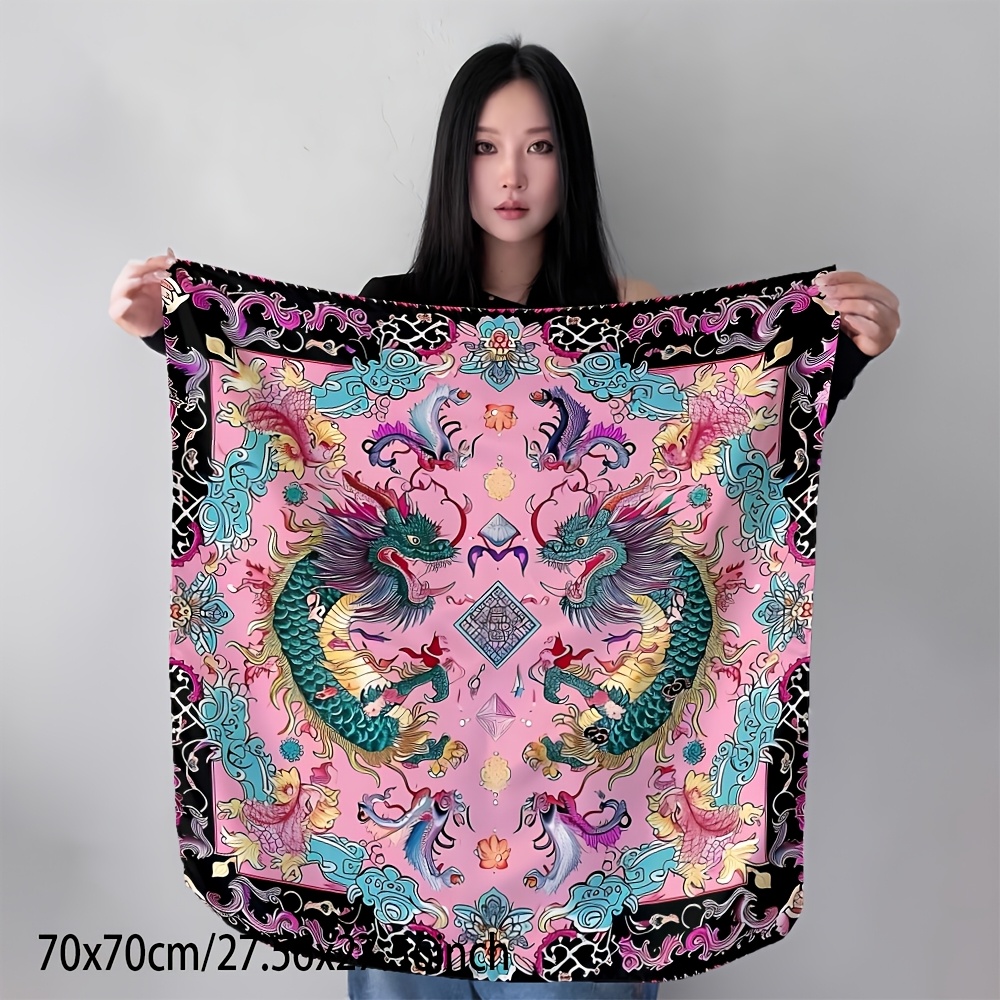 TEMU 1pc Traditional Chinese Dragon Squarescarf - Unisex Male & Female Head/neck Wrap, (50x50cm/70x70cm) Suitable For Travel, Parties, Events & Gifts