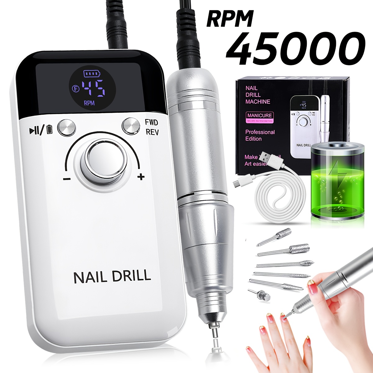 

45,000 Rpm Hd Display - Portable & Rechargeable For Gel Polish Removal, Manicure & Pedicure - For & Use