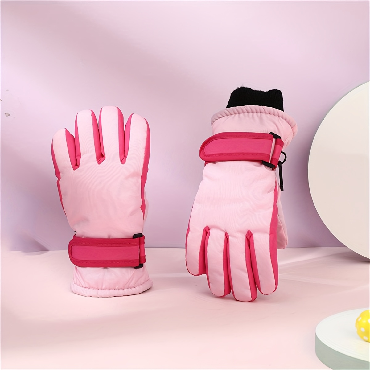 Image of 1 Pair Autumn Winter Cold-proof Warm Gloves, Thickened Fleece Lining Fashionable Color-, Suitable For 3-12 Year Old Boys And Girls For Outdoor Activities, Skiing, Riding, Vacation, And Travel