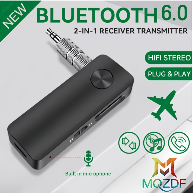 Image of 6.0 Upgraded 2-in-1 Wireless Audio Adapter, Bluetooth 5.4 Receiver/transmitter, 3.5mm Aux Port, , Built-in Microphone, Suitable For Car Audio, Tvs, Computers, Airplanes, And Other Devices