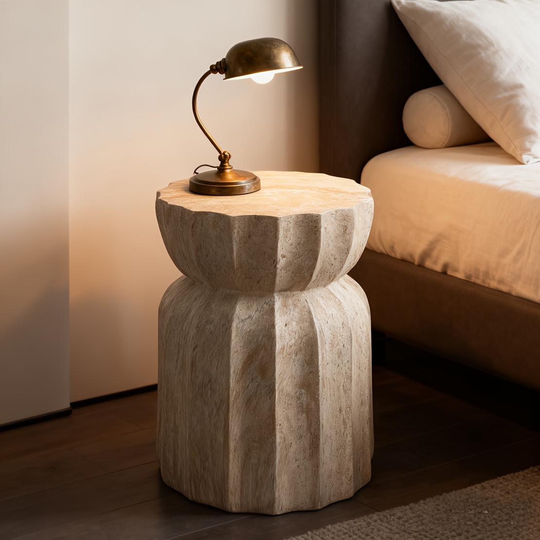 A Side Table with Exquisite Travertine Texture, Suitable for Courtyard Decoration/coffee Table/indoor Decoration/festival Gifts. Dimensions: 47.5cm in Height and 37cm in Diameter.