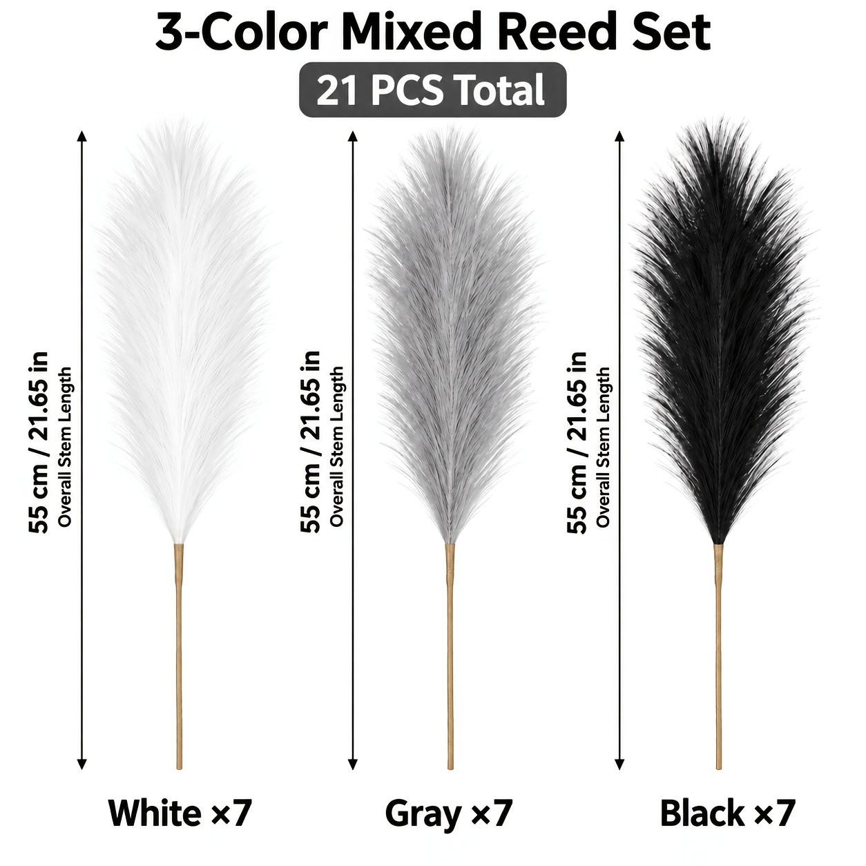 TEMU 21pcs Set Of 55cm Black, White, And Gray Artificial Reeds, Pampas Grass, Suitable For Vase Arrangements, Bohemian Home Decor, Weddings,