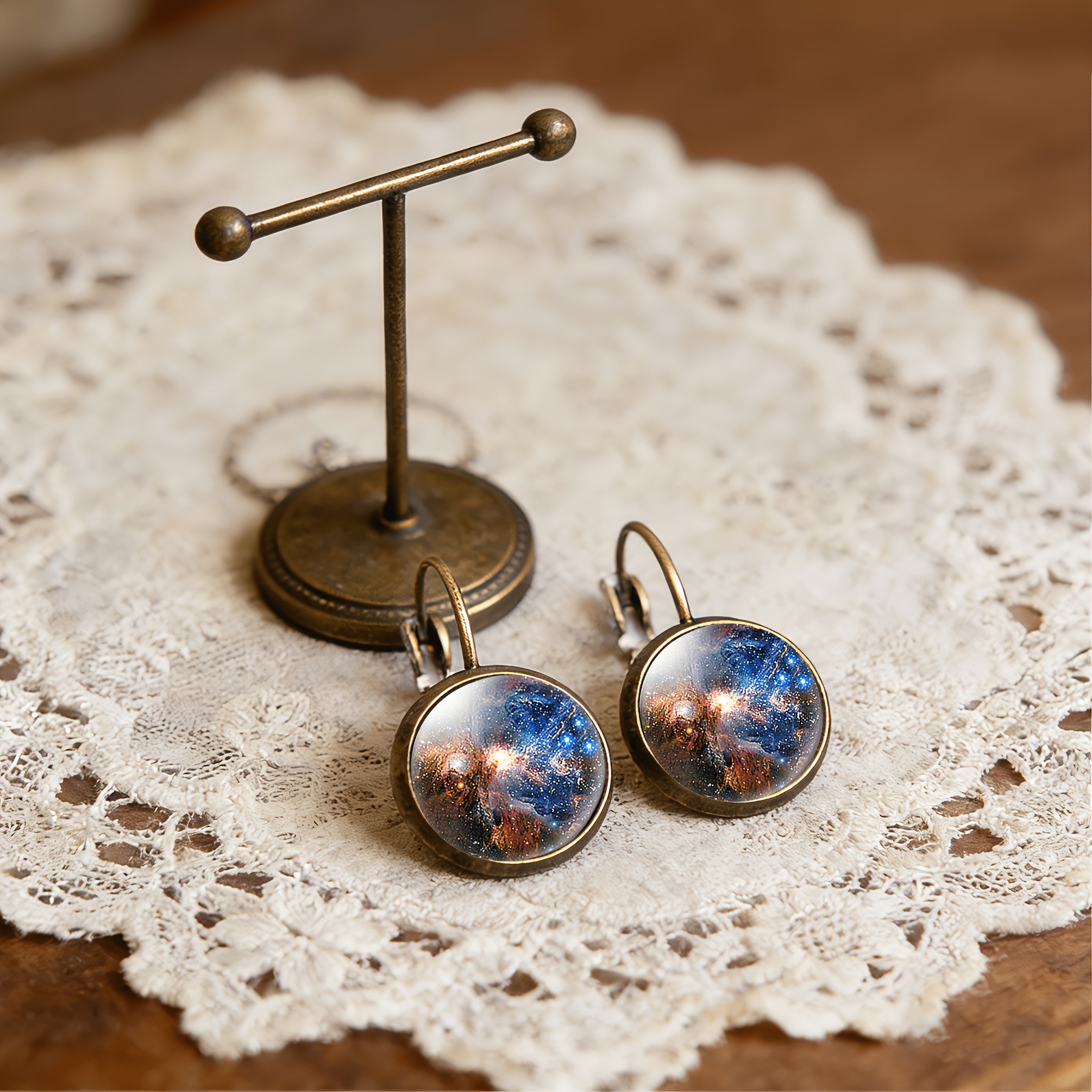 2pcs Antique Cyan Round Classical Earrings Set with Cosmic Nebula