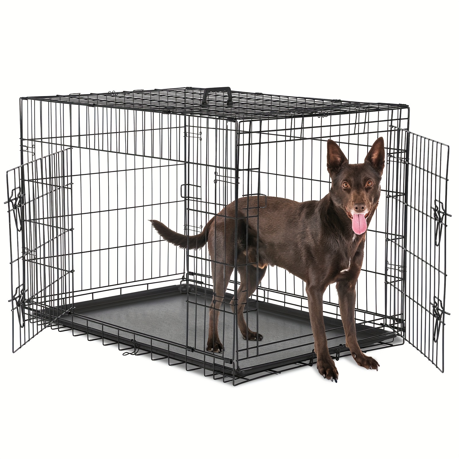 

Dog Crate With Double-door, Enhanced Metal Foldable Pet Cage With Divider Panel & Removable Tray, Portable For Out-indoor With Handle, Black