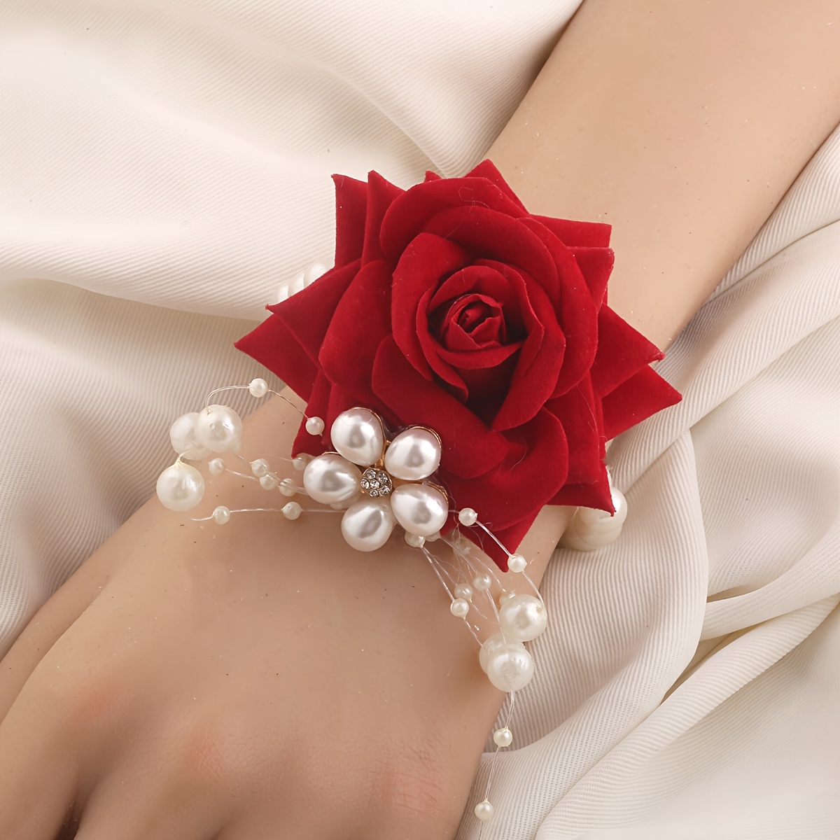 TEMU 1pc Romantic Burgundy Faux Velvet 3d Rose Bridal Bridesmaid Wrist Corsage, Handmade Beaded Hand Flower, Suitable For Valentine's Day, Weddings,