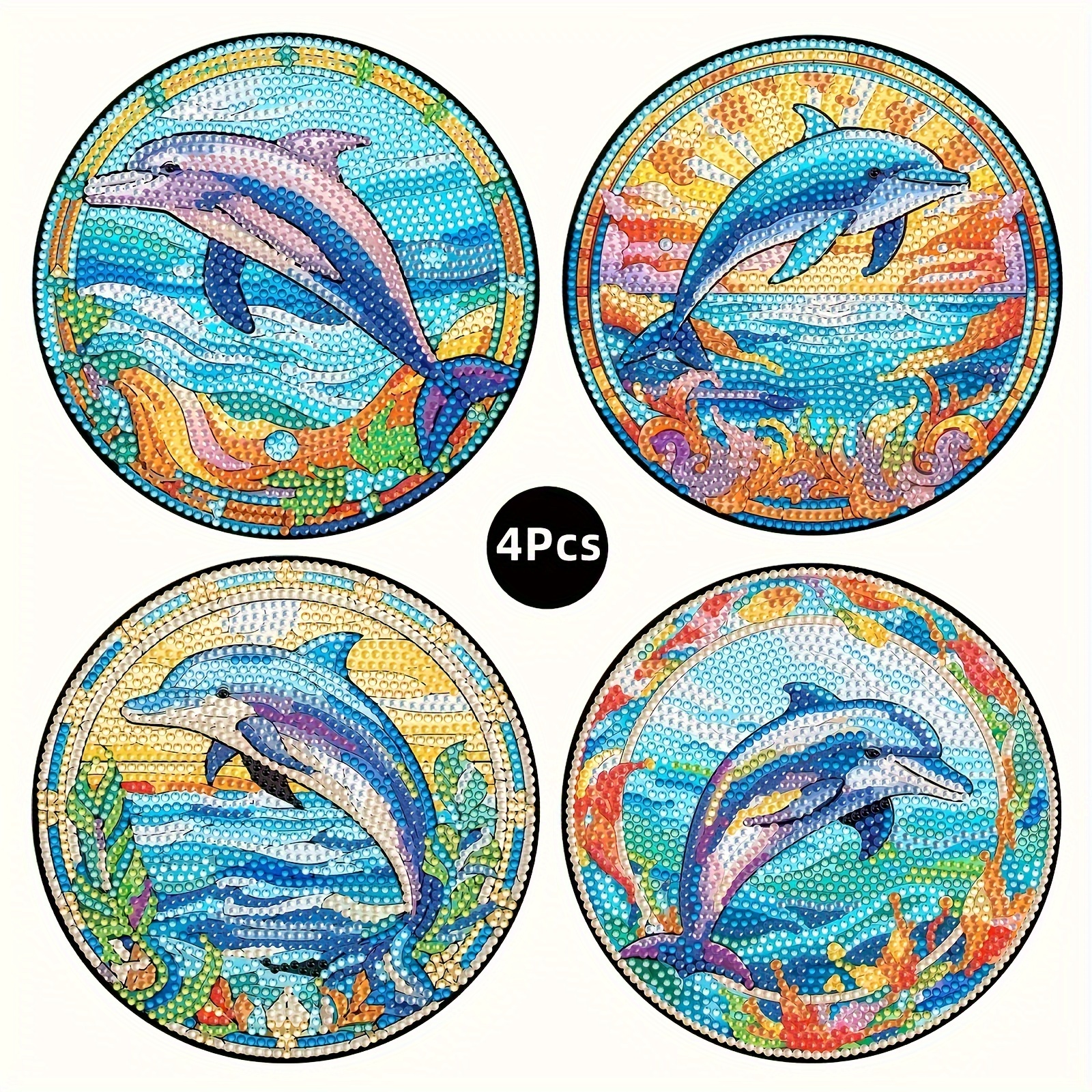 

4-piece Dolphin Diamond Art Placemat Set - Diy Mosaic Craft Kit With Full Round Crystal Gems, Heat-resistant Wooden Table Mats For Kitchen Decor & Handmade Gifts