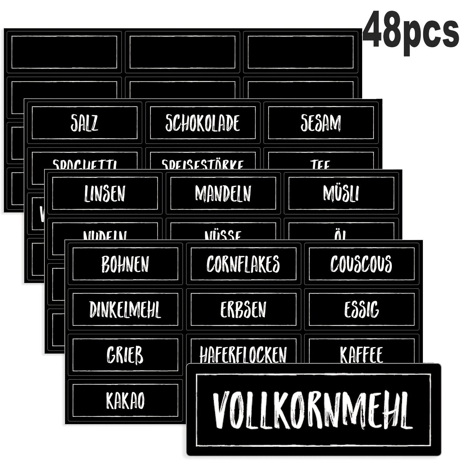 E-shop 48 Stück deutsche Küchenetiketten, 36 Bögen Zutatenetiketten mit verschiedenen Namen 12 Bögen leere selbstklebende Etiketten, selbstklebende
