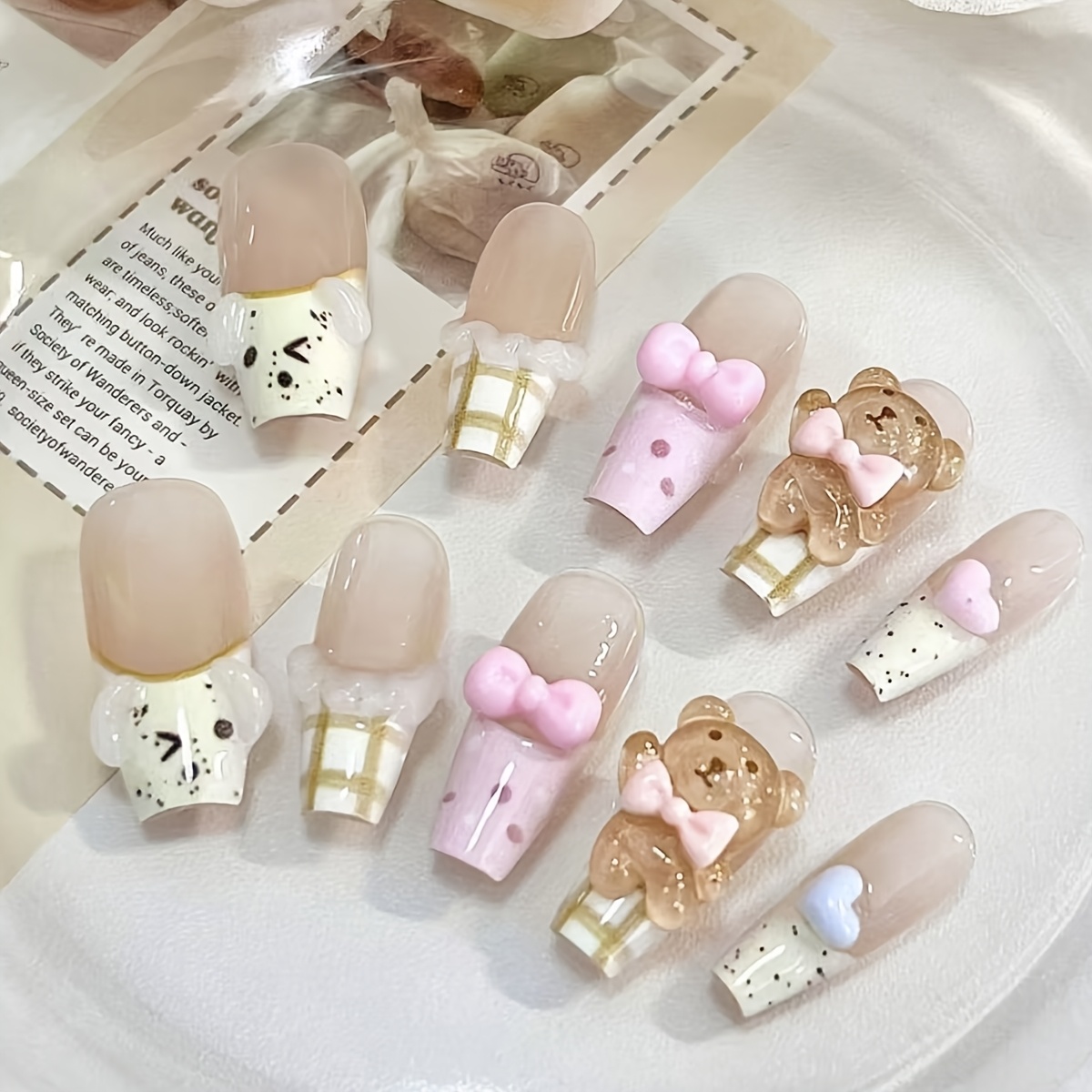 E-shop 10 Stück Lange Sargform Handgemachte Kunstnägel, Press-On Nägel, Süße Weiß Gesprenkelte Rosa Karierte French, 3D Schleife , Vollständige