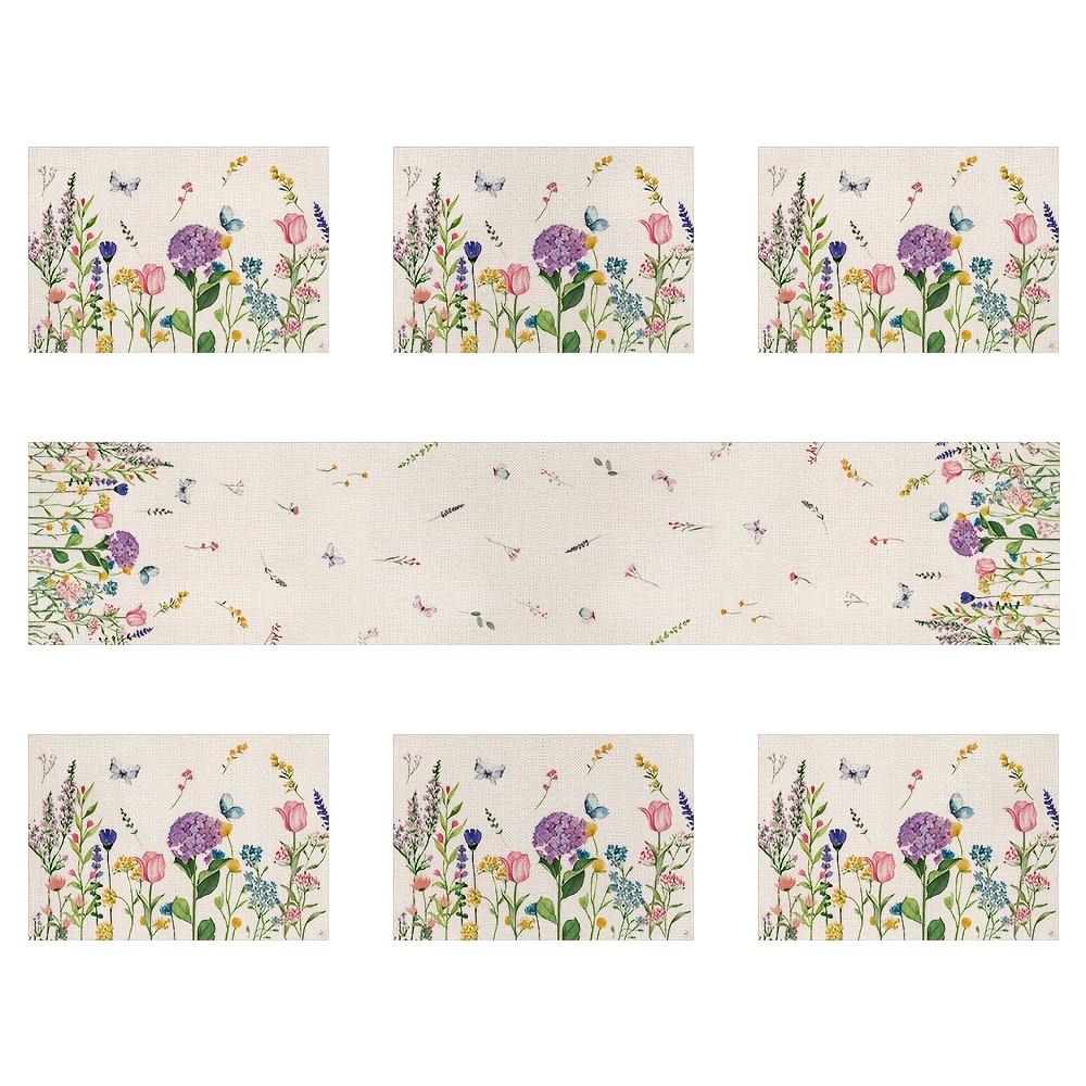 

Set Of 7 Spring And Runner With 6 Placemats, Featuring Floral Designs With Tulips And Lavender, Seasonal Indoor And Outdoor Dining Table Decor.