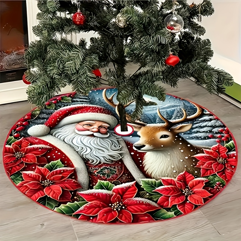 TEMU 1pc Red Large Flower And Pattern Christmas Tree Skirt, Suitable For Christmas And New Year Decoration, Christmas Gift