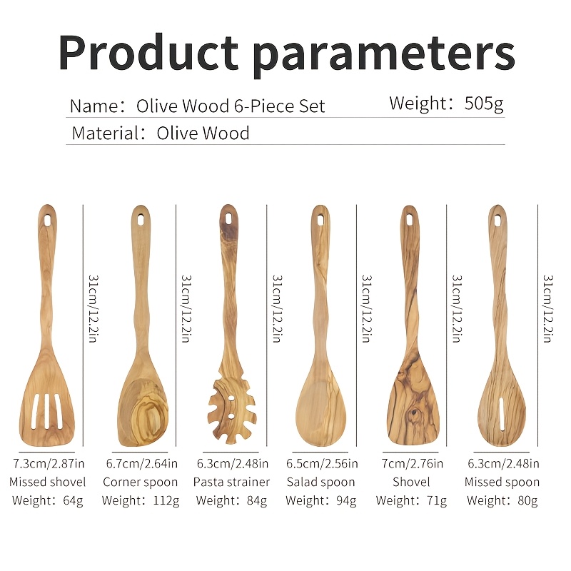 Olive Wood 6pcs Kitchen Utensil Set Long Handle Household Spatula Slotted Spatula Spoon Slotted Spoon Corner Spoon Mixing Salad Pasta Scooping Stir-Frying Non-Stick Pan Household
