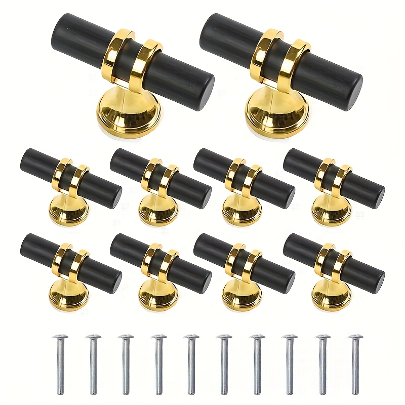 10pcs Modern Black Knobs With Golden Drawer Handles - Polished Metal Cabinet Pulls For Hardware