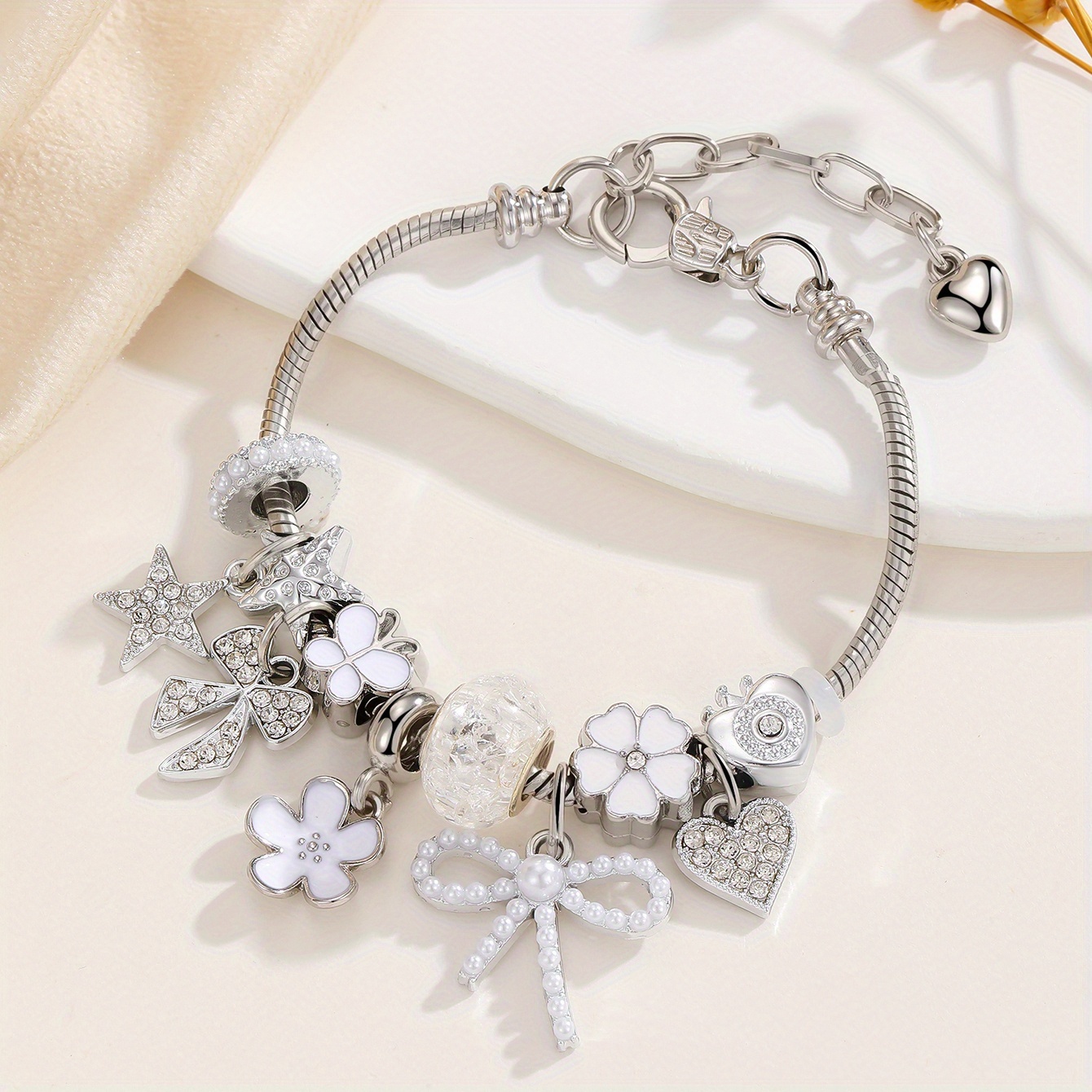 TEMU 1pc Women's Floral Series Bracelet With Flower, Bow, Heart, And Star Pendants, Simple And Stylish Charm Bracelet, Adjustable Couple's Style