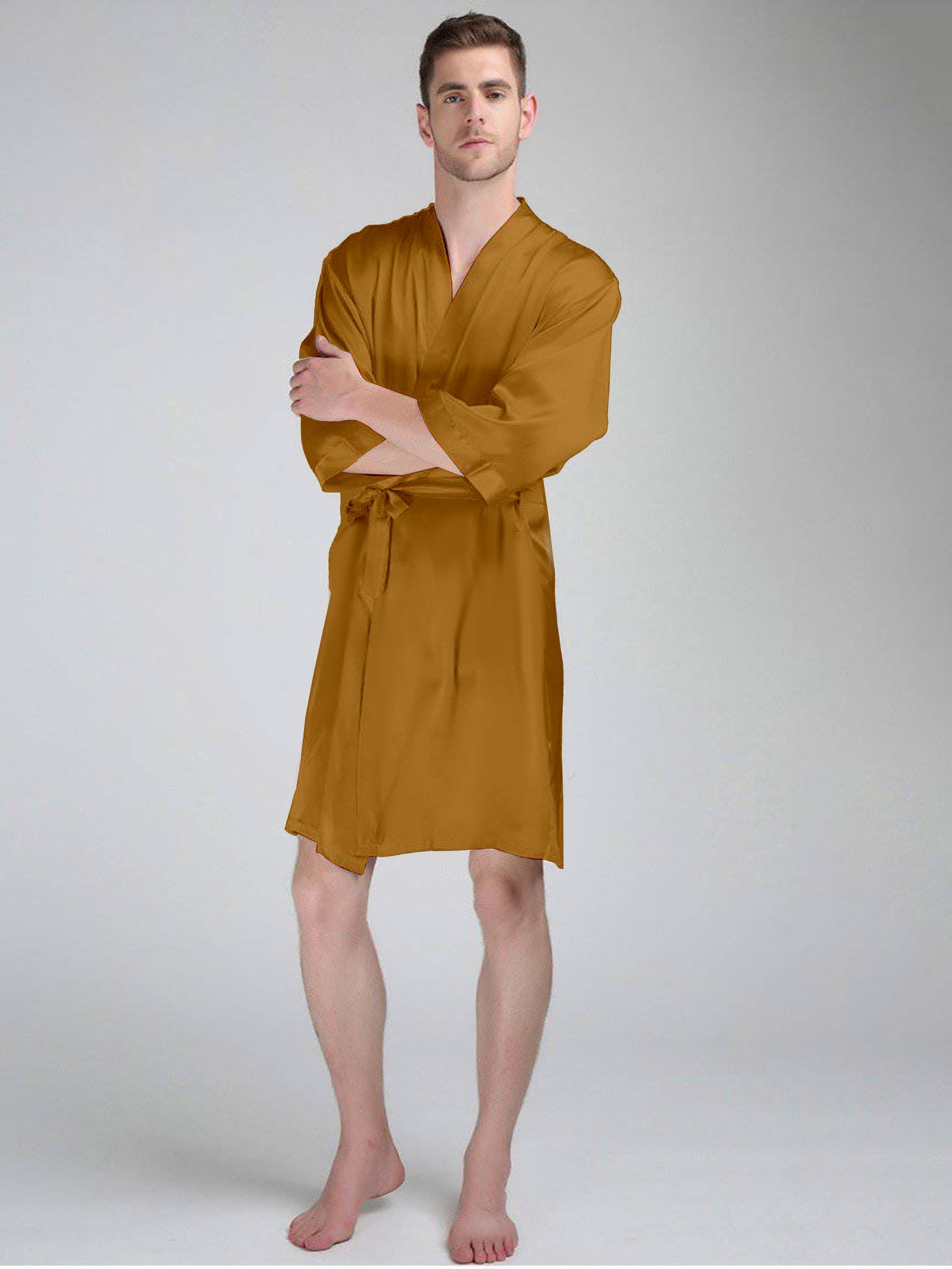 mens solid color bathrobe robe short style soft and comfortable satin pajamas for men