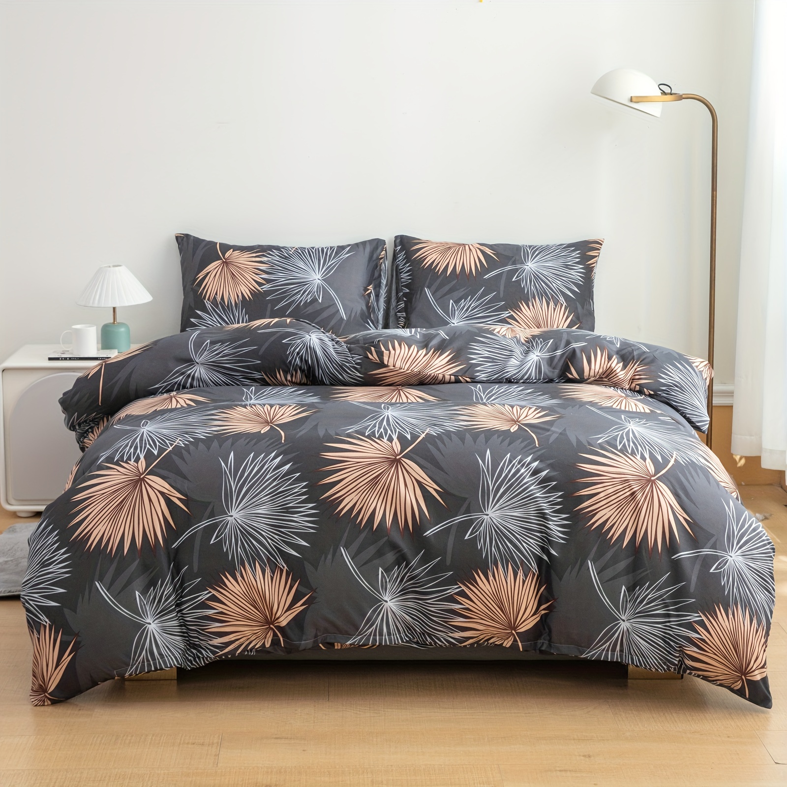 

3pcs Dark Gray Leaf Duvet Cover Set (1 Duvet Cover + 2 Pillowcases, Without Core), Super Soft And Comfortable Breathable Bedding Set With Zipper, Suitable For Bedrooms And Guest Rooms