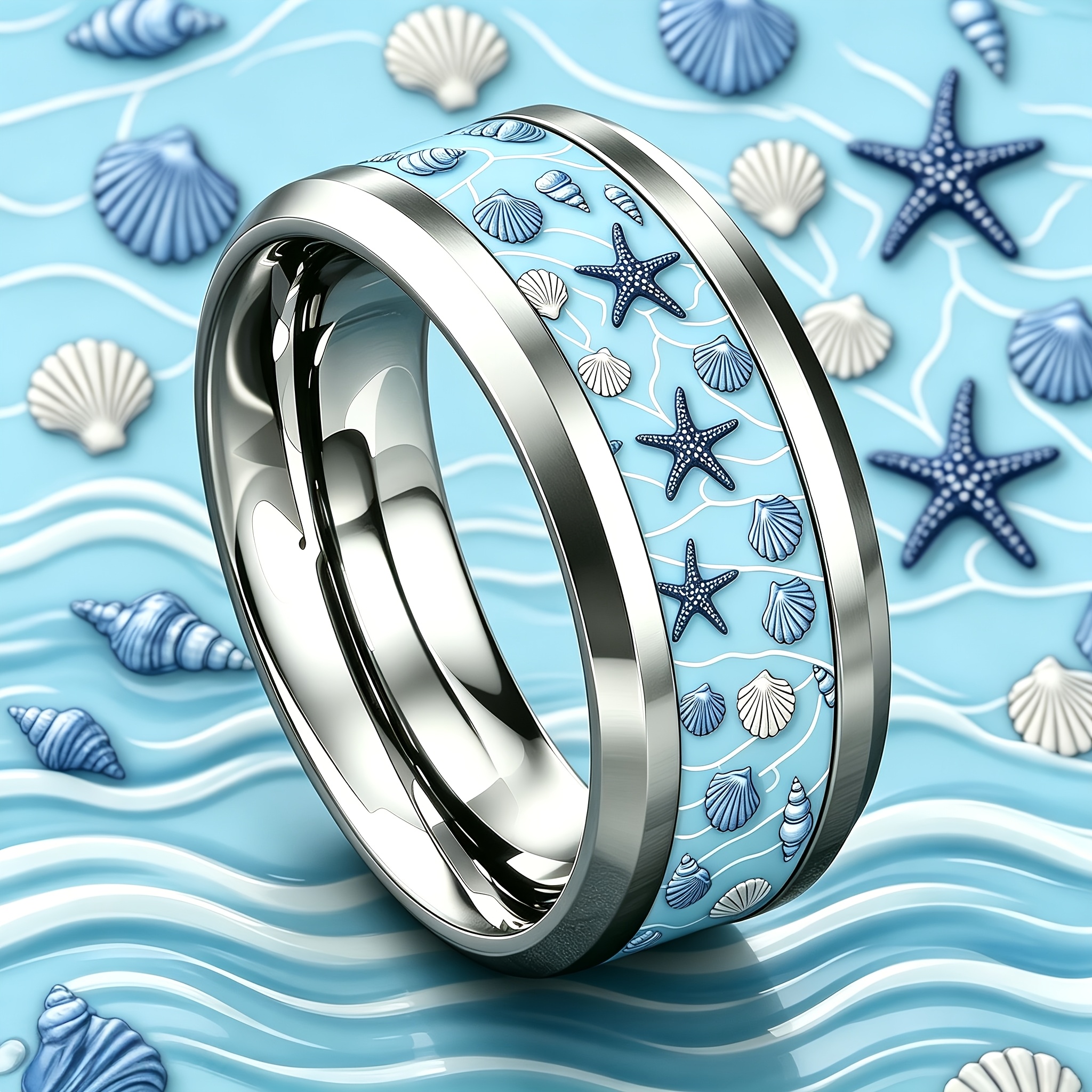 Light Blue Ocean Wave Starfish 304 Stainless Steel Ring, 8mm