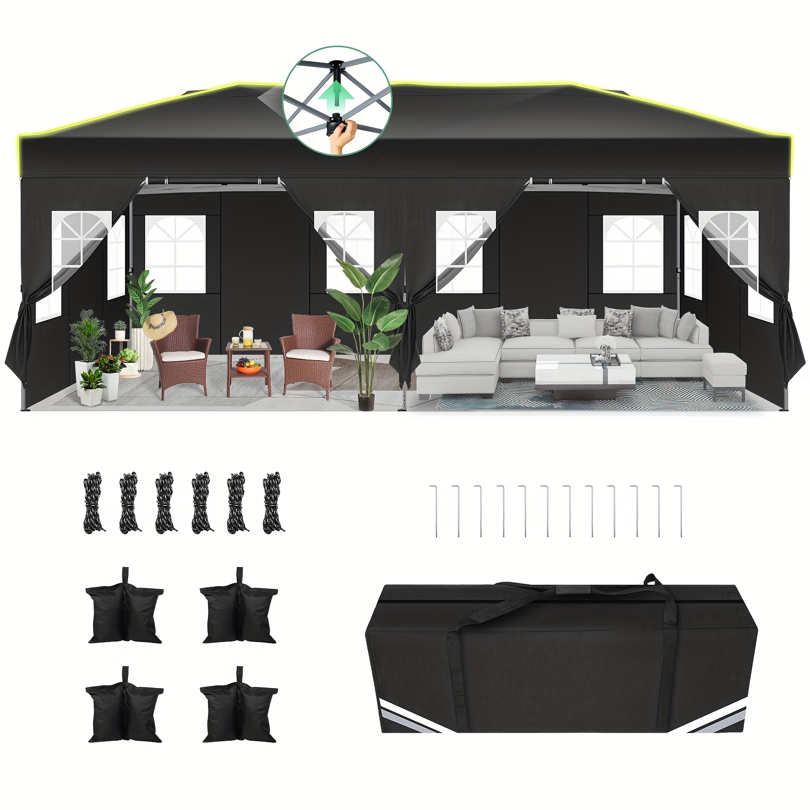 A 3x6 Meter Pop-up Canopy Featuring 6 Removable Side Panels, Complete With A Carrying Bag And Sandbags, Ideal For Outdoor Events Such As Weddings, Parties, Market Stalls, Gatherings, And Barbecues