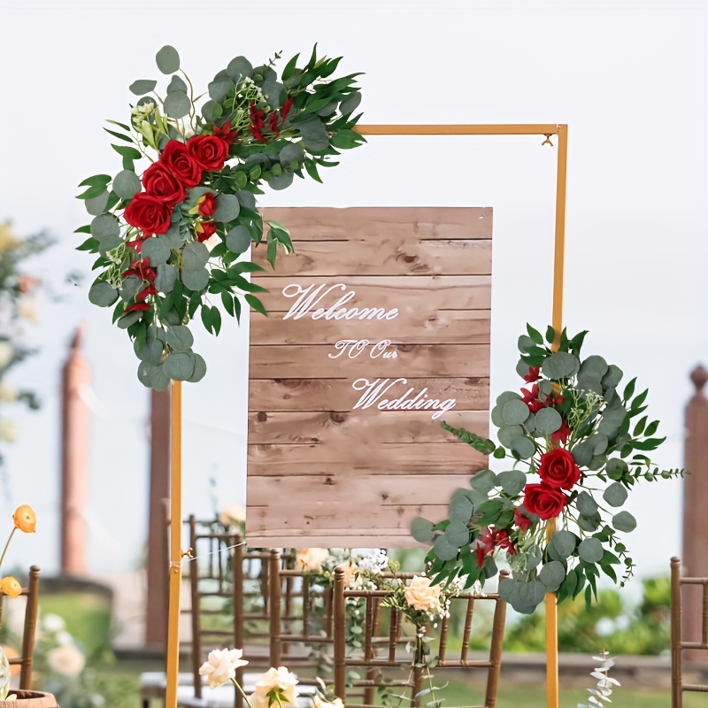 

2pcs Elegant Red & Green Artificial Wedding Arch Flowers - Roses And Eucalyptus Garland, Backdrop, Reception Decor & - No Power Required, Design, Decor|rustic Charm Decor|plastic Foliage