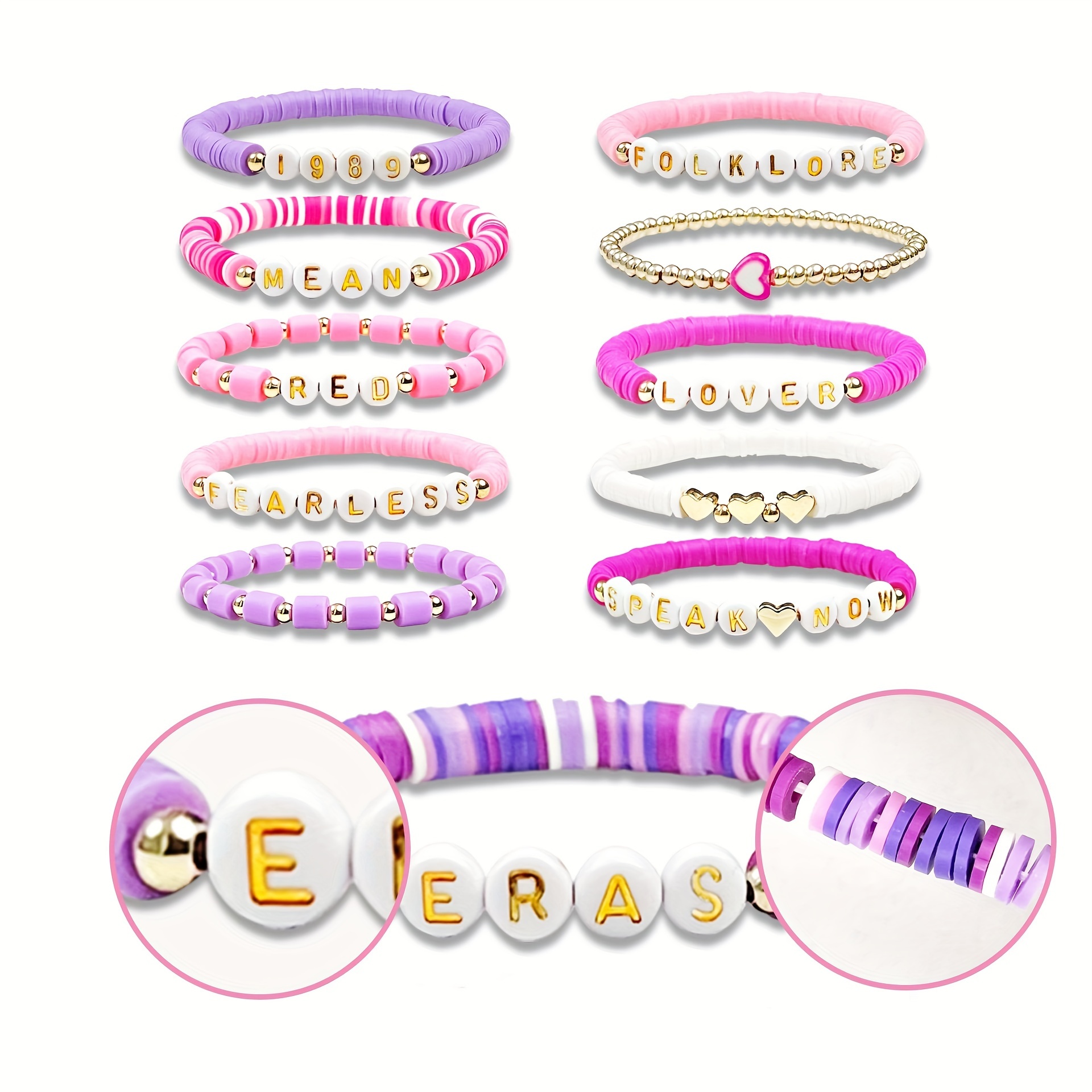 

11-piece Colorful Polymer Clay Beaded Bracelets, Bohemian & Elegant Style, Assorted Inspirational Wording, Stretchable Handmade Wristbands