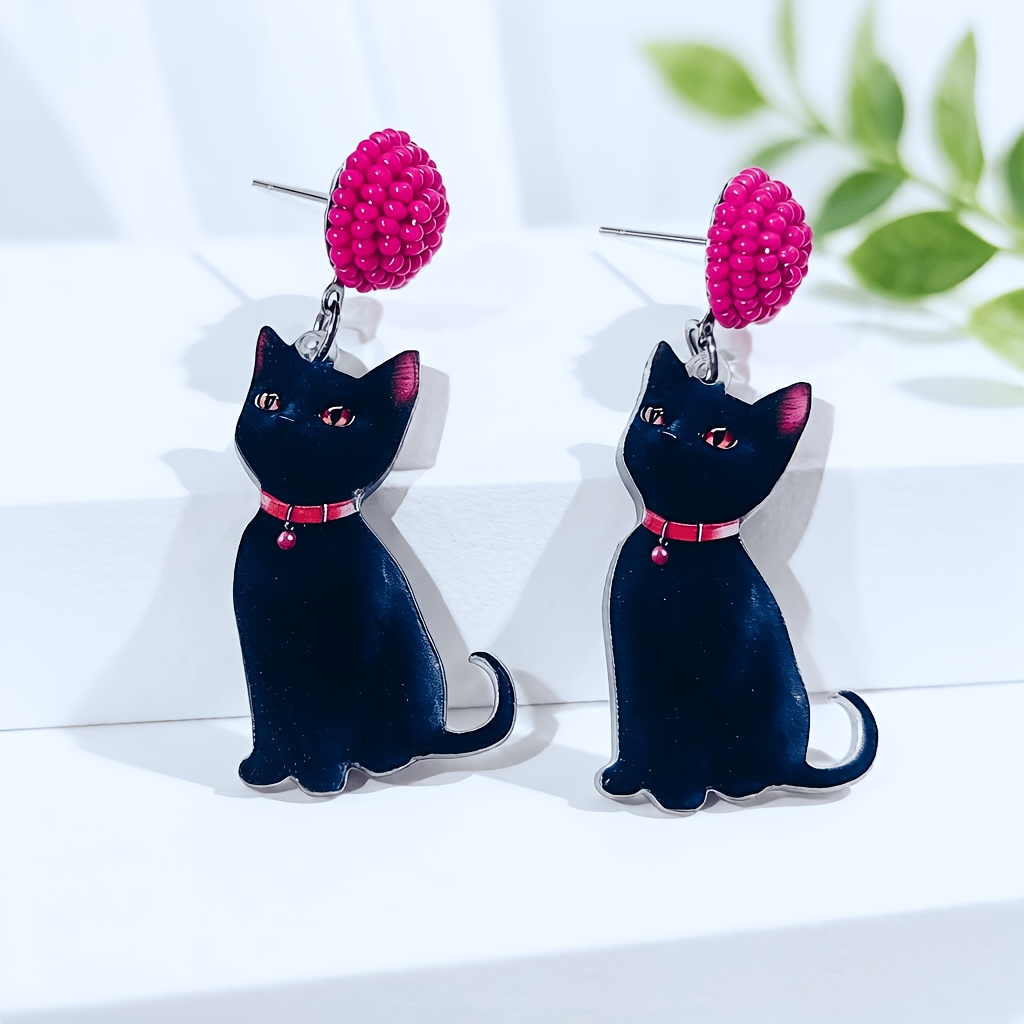 Handmade Cute Y2K Black and White Polka Dot Cat-Shaped Earrings