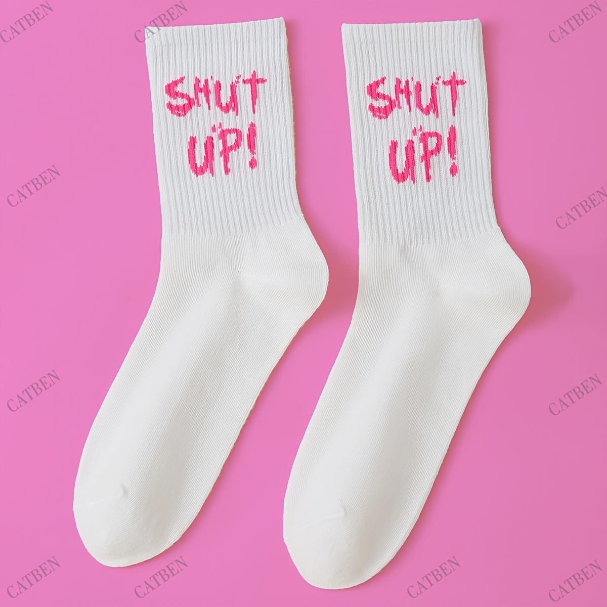 Image of 1 Pair Funny "shut Up" Printed Socks Suitable For - Crazy Novelty Graphic Socks With Letter Print, Machine Washable For Party Costume, Gift, Casual Wear - Comfortable Funny Socks For S &