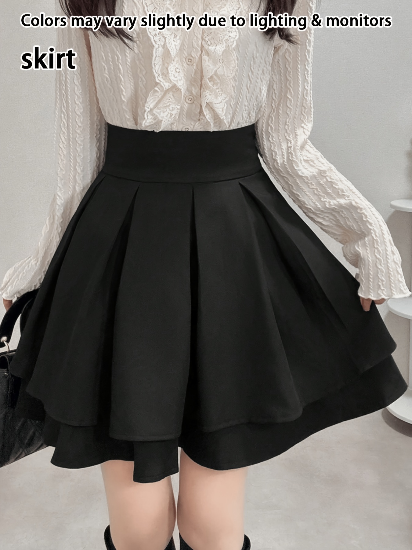 womens casual high waisted a line skirt with double layered flared hem