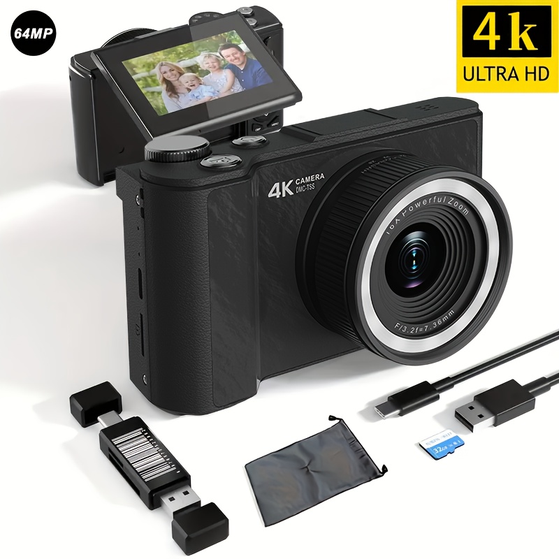 TEMU Appareil Photo Numérique Vidéo 4K W&O - Écran FHD 1080P de 2,4 pouces, Écran Rotatif à 180°, Appareils Photo avec Zoom Numérique 16X, Appareil