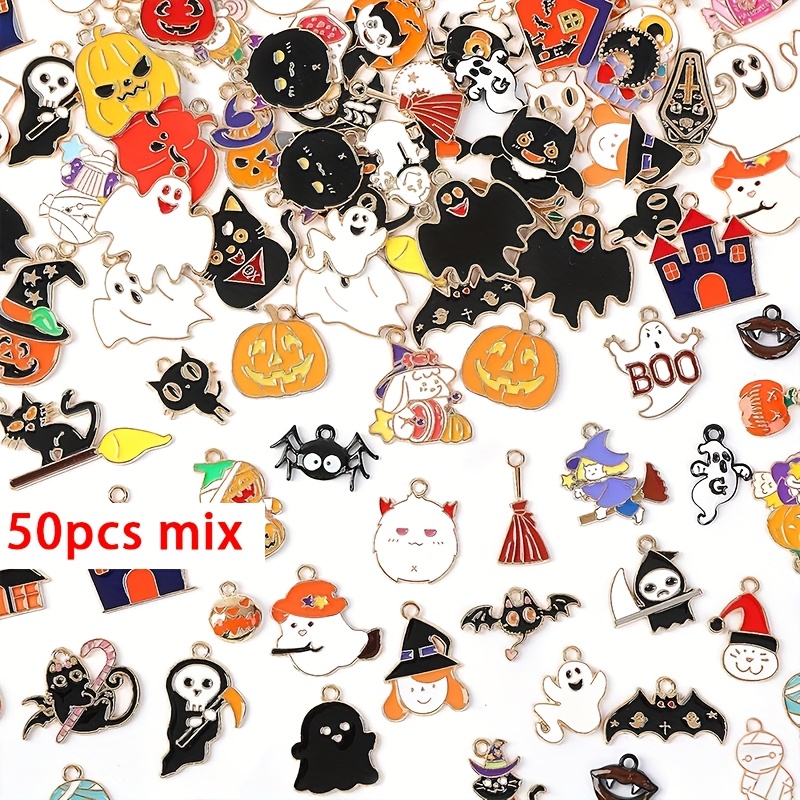 Image of Random 30/50pcs Styles Halloween Jewelry, Assorted Skeleton Bat Witch Pumpkin Enamel Charms Pendants Halloween Jewelry Making Bracelet Necklace Earrings Crafts Gifts