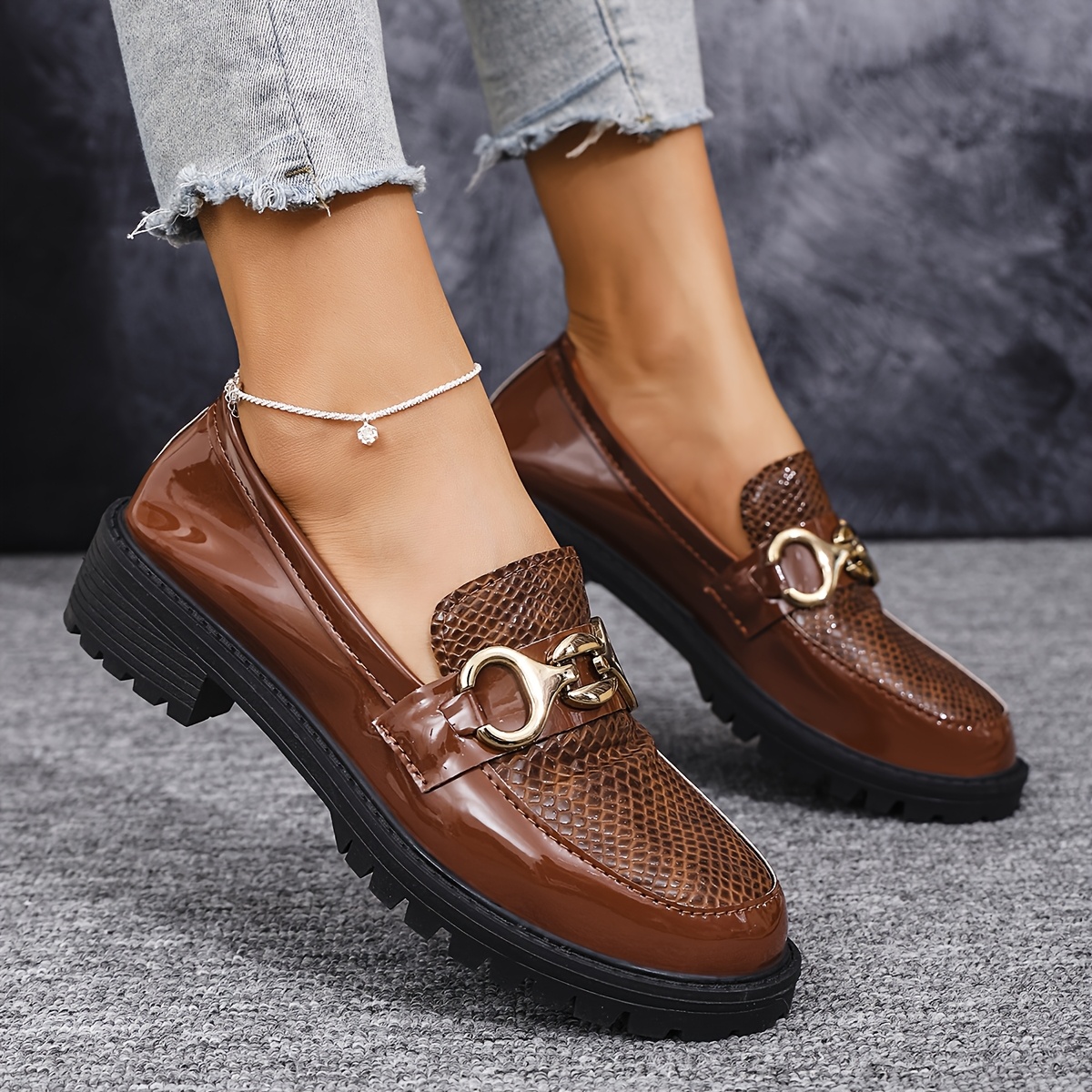 Par Zapatos Mocasines de Mujer, Moda Todo el Año, Punta Redonda, Diseño  Penny, Cuero Cierre Metálico, Tacón Estampado Piel de Ser