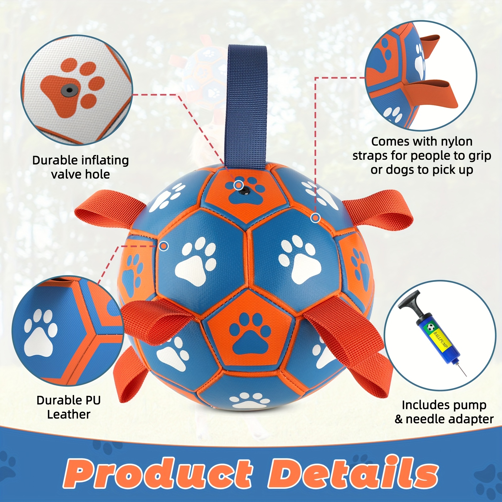 large heavy duty rubber dog soccer ball with tug of   straps inflation like tube individually blowable paw print toy for medium large dogs puppies adults durable chew resistant pet ball for fetch training play herding ball for dogs herding ball for dogs large dog herding ball interactive play ball with tail for dogs dog   herding ball interactive dog ball for large dogs ball thrower for dogs interactive dog ball Product details 2