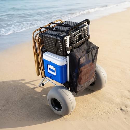 heavy duty folding beach cart with terrain tires 165 lbs capacity portable sand wagon suitable for beach camping fishing for chairs cooler umbrella carrier folding cart for outdoor gear and sand transport