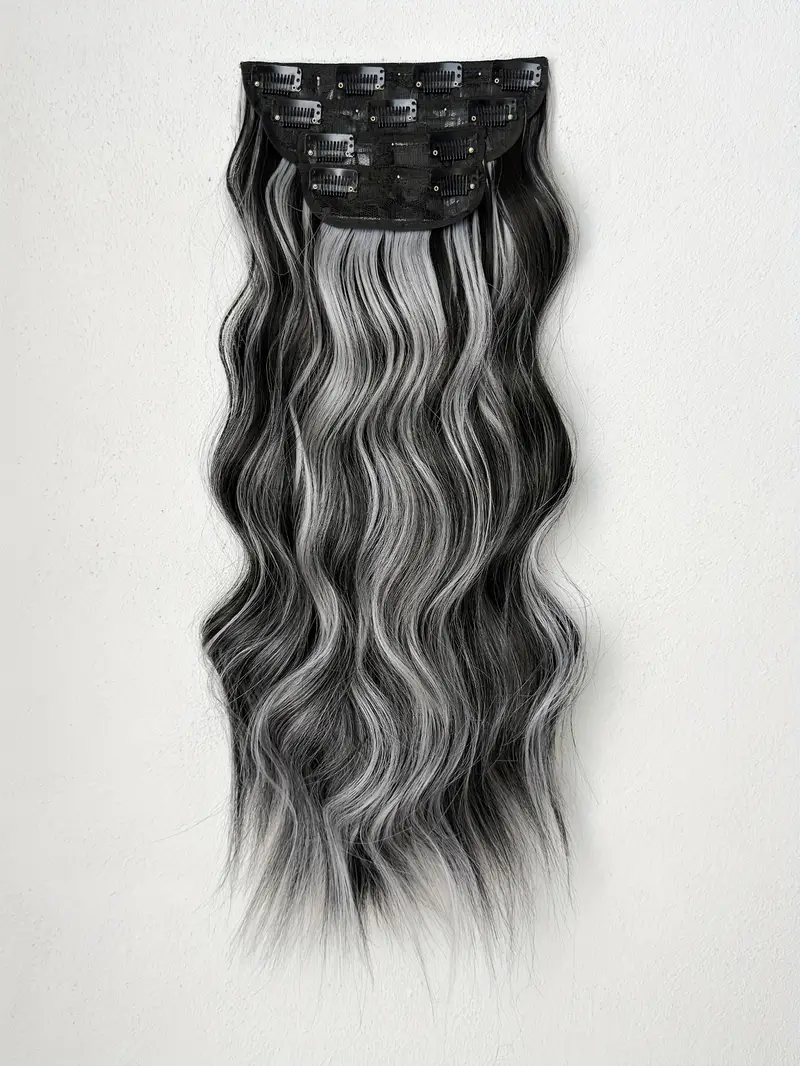 22 inch long wavy heat resistant fiber synthetic hair patch in black and white suitable for womens daily use details 2
