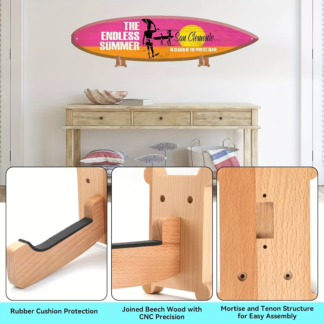 TEMU 2pcs Wall-mounted Surfboard Storage Shelf - Wood Board Rack With Space-saving Vertical Surfboard Display, Modern Minimalist Surfboard Holder For