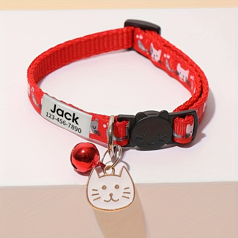TEMU [customizable Cat Collar] Personalized Cat Collar-cartoon Cat Pattern Pet Collar - Adjustable For A , Bell And Adorable Pendant For Added Fun -
