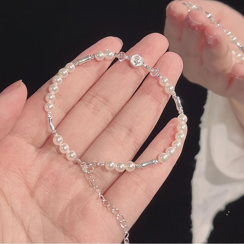 

Elegant Silvery White Beaded Bracelet With Tulip Flower Charm, Geometric Punk Style Bracelet For Girls, Fashion Jewelry Party Gifts