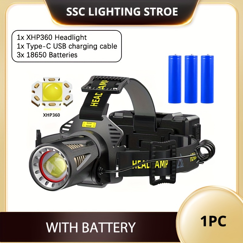TEMU Led Head Mounted Lighting Headlight Type-c Rechargeable Motion Sensing Headlight, With Large Capacity Lithium Battery And Adjustable Lamp Head,