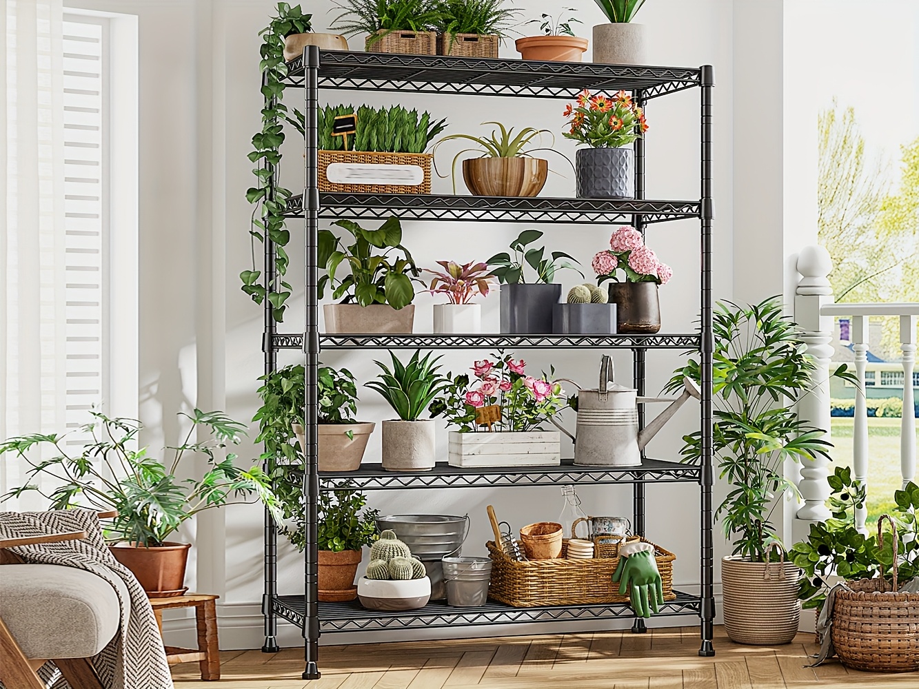 73.6 Inches High Wire Shelving on Wheels, Deep Storage Shelves with Mobility, 73.6 Inches High Metal Shelving Unit with Adjustable Five Tiers, Robust Metal Shelves for Storage