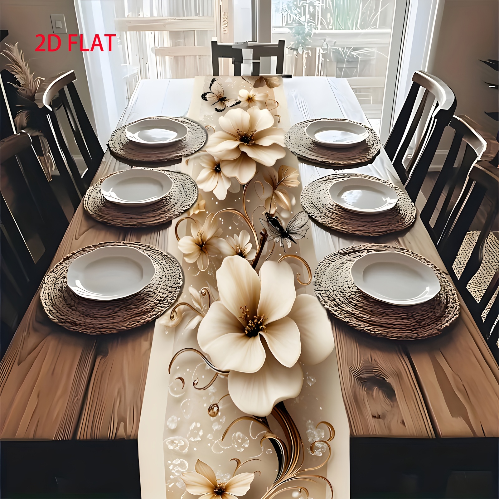 TEMU 2d Flat, 1pc Of Elegant Floral Table Flag, Beige And Vines, High-quality Table Decoration For , Pattern, 2d Flat