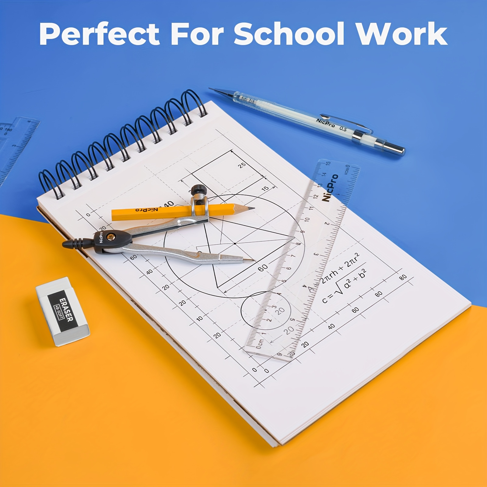 Pencils, blocks, and rulers included in the geometry set