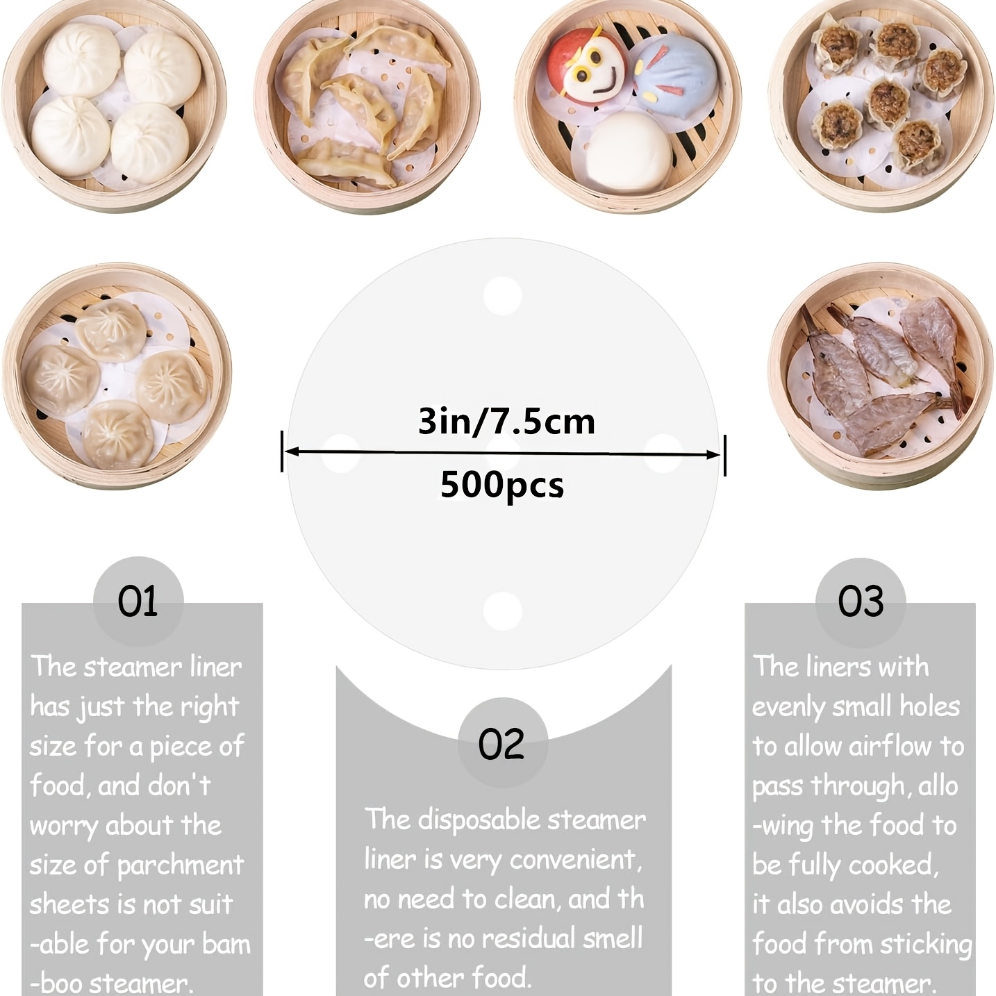 100/500pcs Small Bamboo Steamer Liners, Food Grade Silicone Oil Steam Paper, Baking Oil Paper, Mini Perforated Steamer Mat For Buns Dumplings, Kitchen Cooking Supplies (3in/4in)