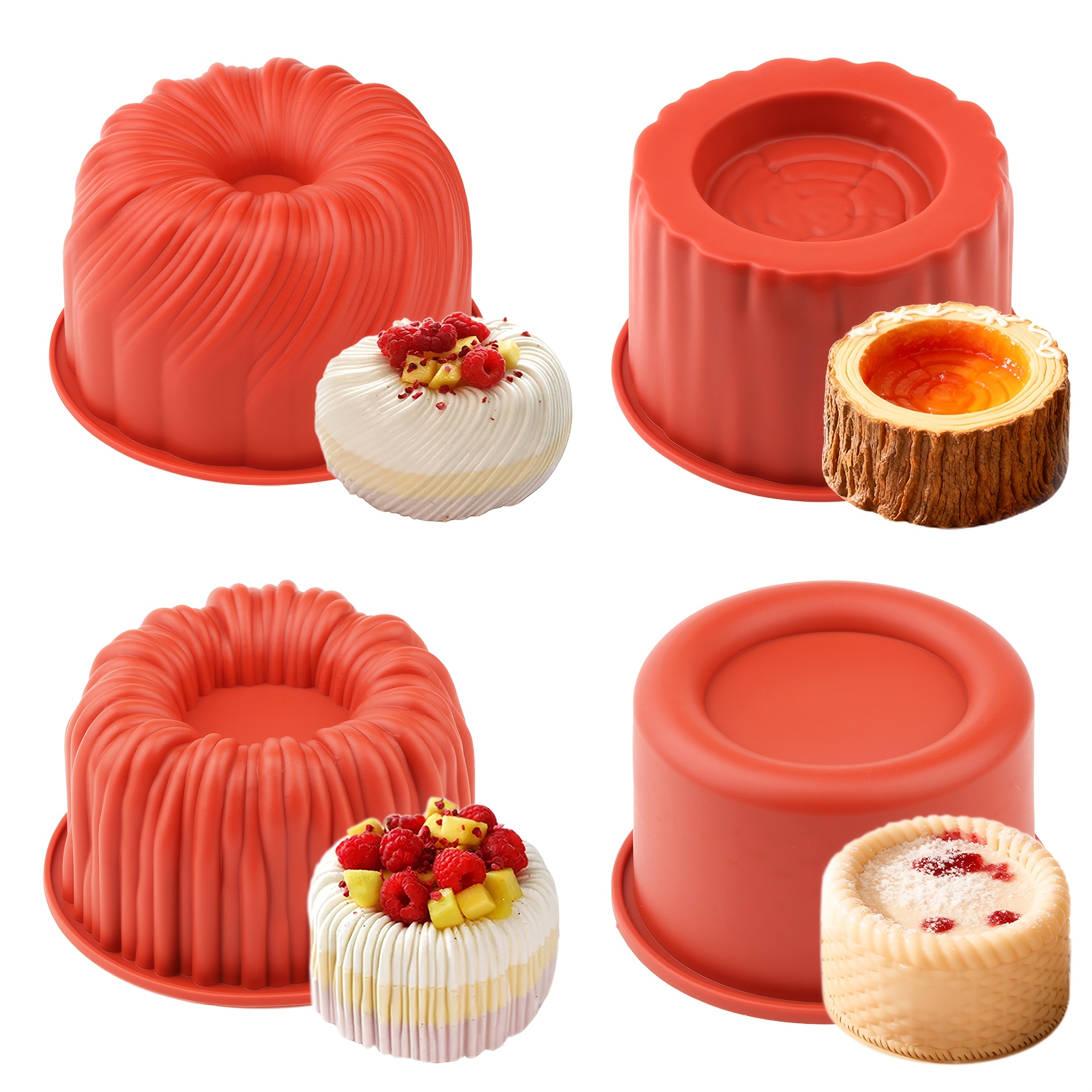 Image of A Pack Of 4 Silicone Mousse Molds With A Of Tree And Baskets. Baking Molds Used To Make Cakes, Mousses, Desserts, And More