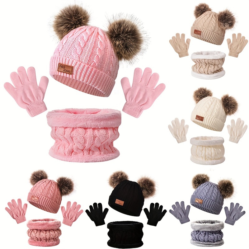 

2sets Knitted Double Pom-pom Beanie Hats With Matching Gloves And Neck Warmer, Autumn & Winter Fashion Accessories, Cozy And Stylish