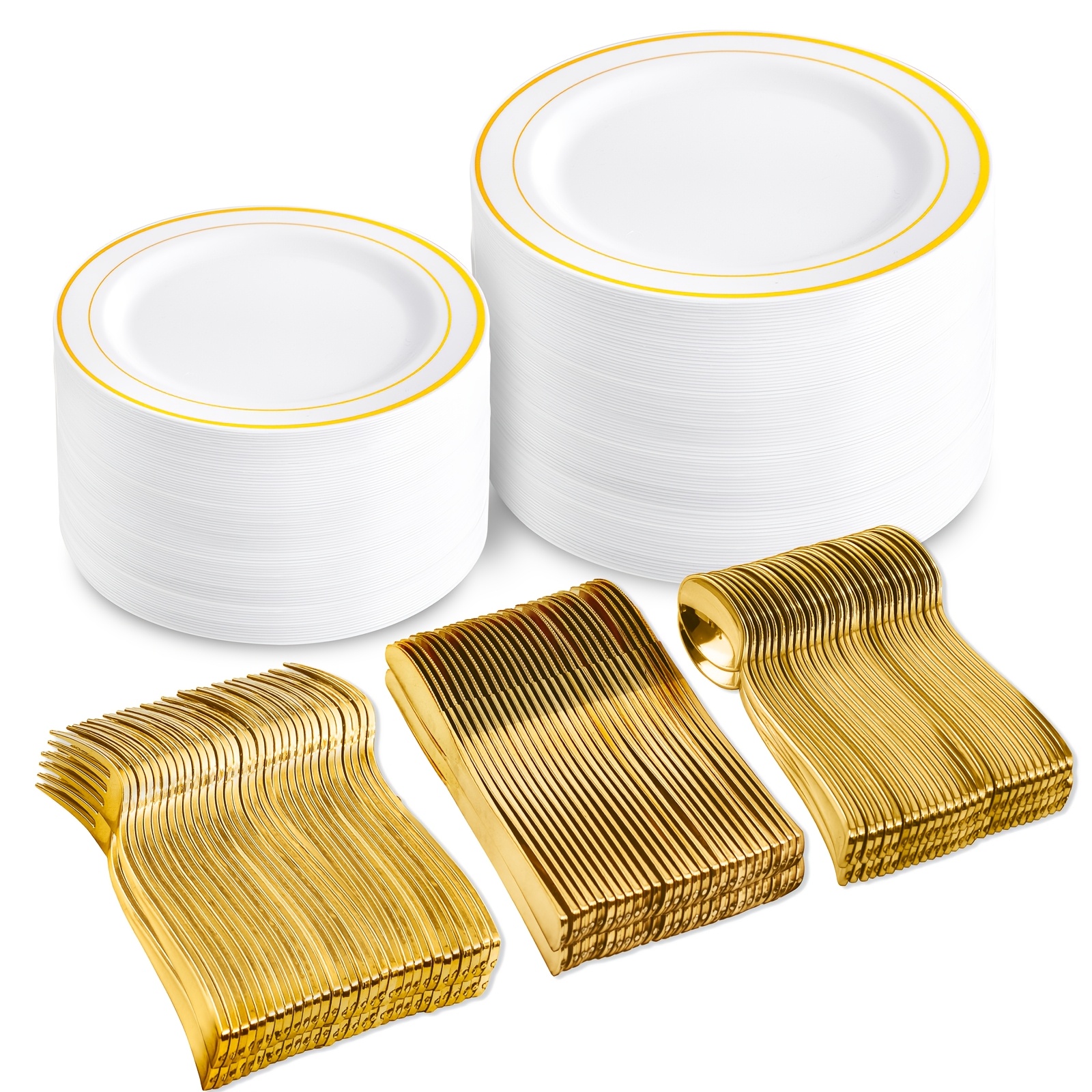 WDF 50Guest Golden Plastic Plates - Disposable White And Golden/Silver Plastic Plates Including 100 Large And Small Dinner Plates, 150 Golden/Silver Plastic Knife, Fork And Spoon, 50 Cups, 50 Napkins, Perfect for Weddings And Parties