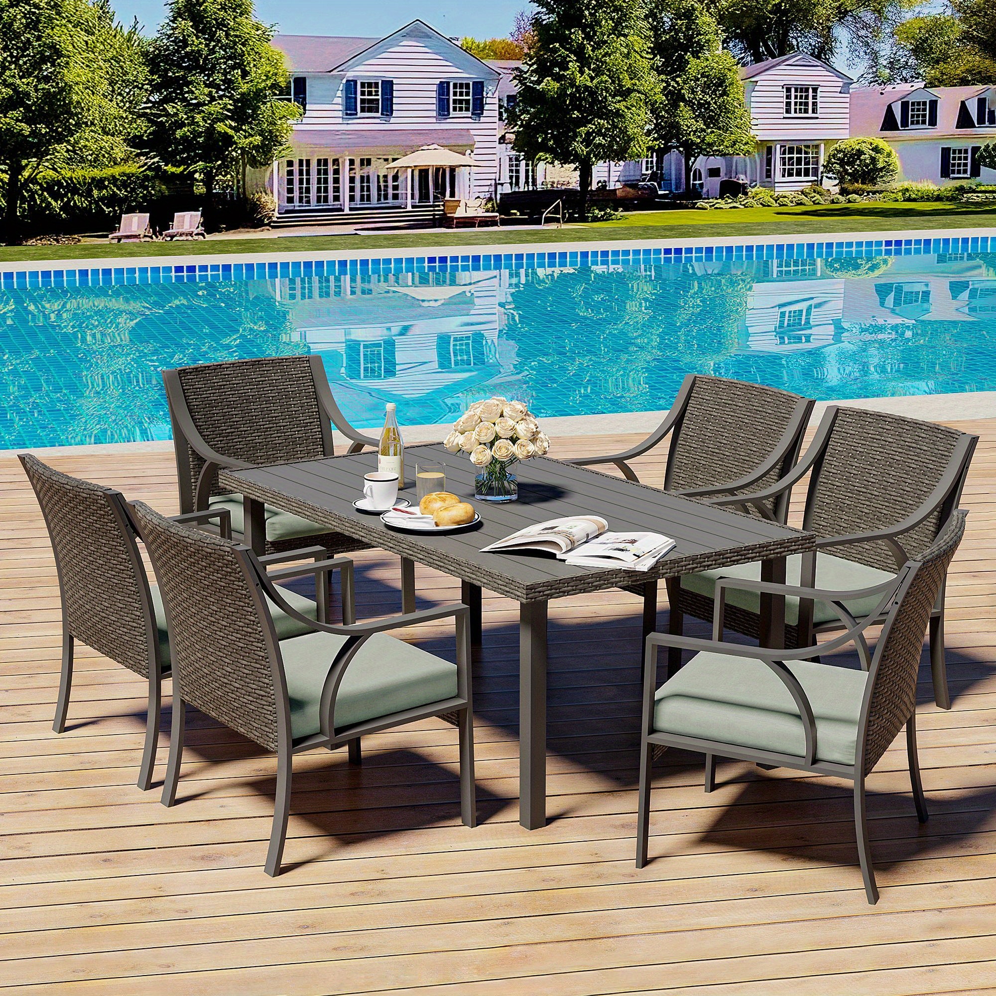 Patio 7pcs Patio Dining Set, All Weather PE Rattan Dining Table Set, Outdoor Dining Sets for 6, Metal Dining Table with Umbrella Hole & 6 Cushioned Chairs for Patio, Yard, Porch